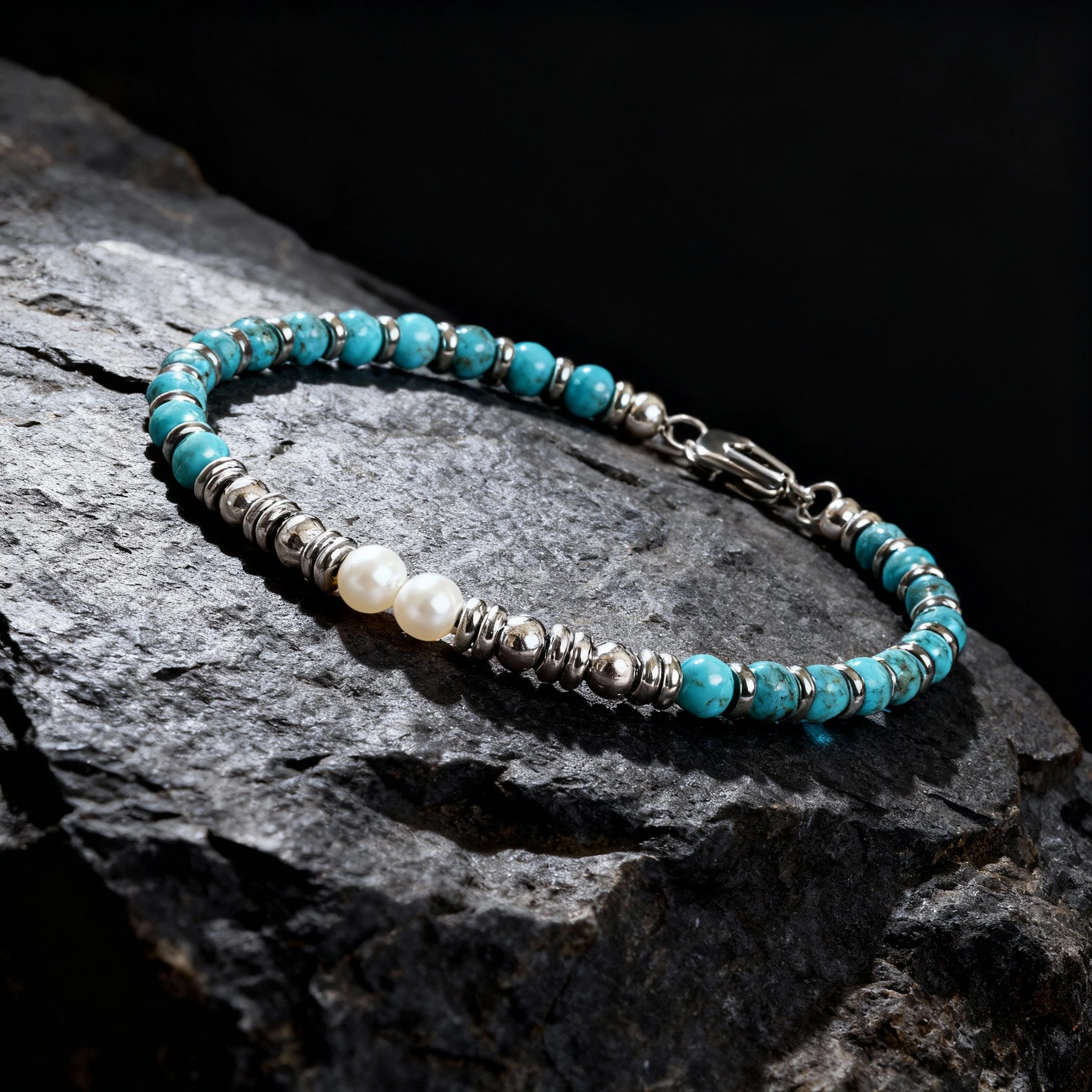 Turquoise & White Pearl Steel Ring Bead Bracelet – Modern Minimal Style – | Metta Jewelry