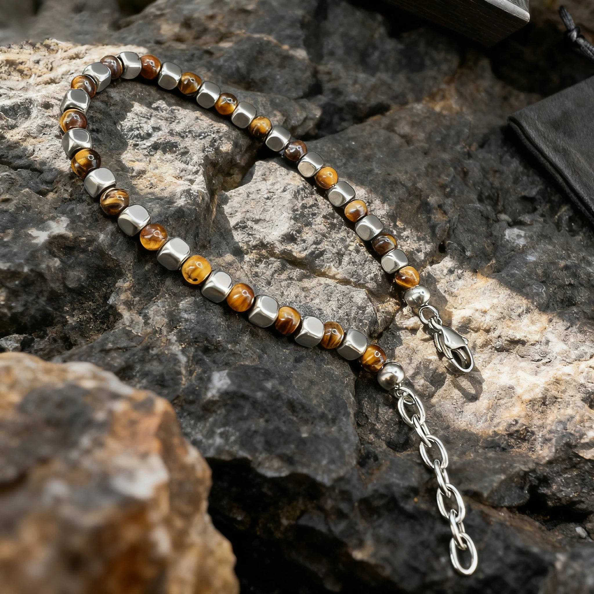 Tiger’s Eye & Stainless Steel Cube Bead Bracelet – Modern Minimal Style – | Metta Jewelry