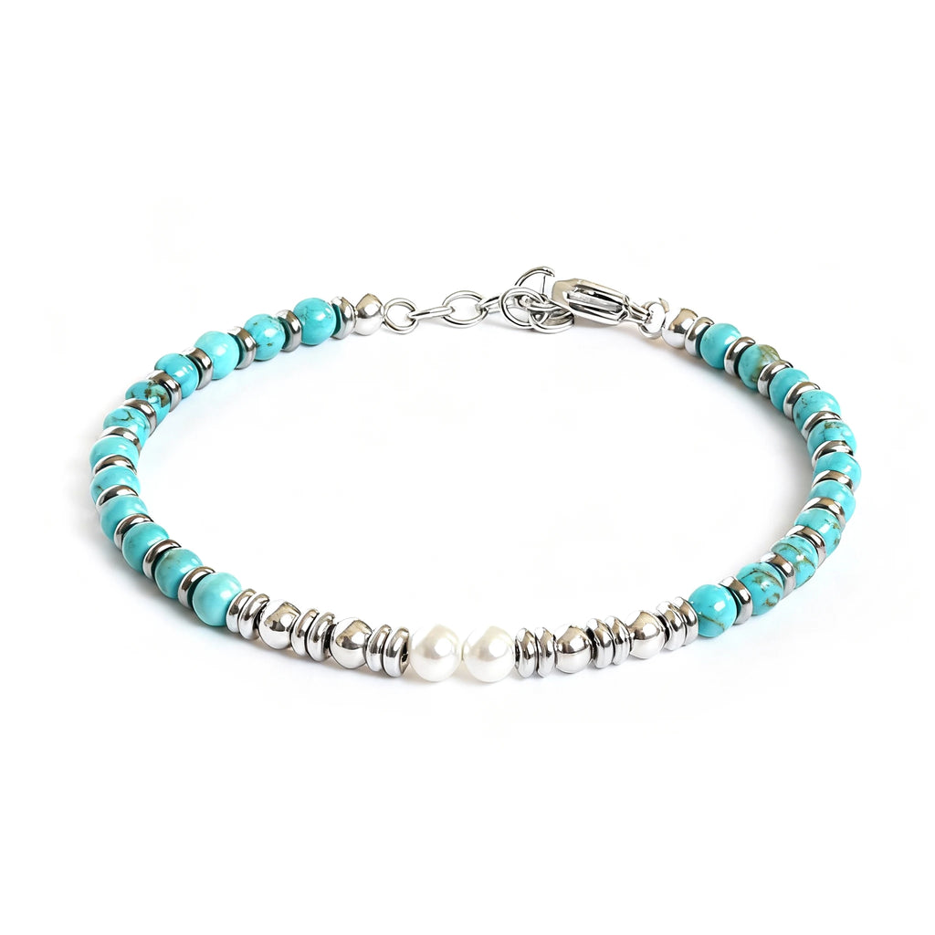 Turquoise & White Pearl Steel Ring Bead Bracelet – Modern Minimal Style – 19 add 3cm | Metta Jewelry