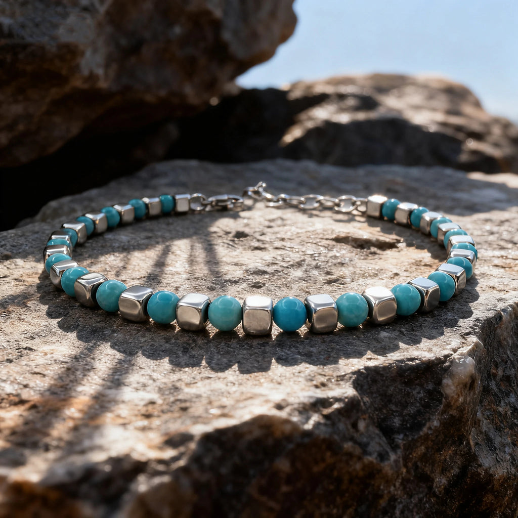 Turquoise & Cube Stainless Steel Bead Bracelet – Modern Minimal Style – | Metta Jewelry