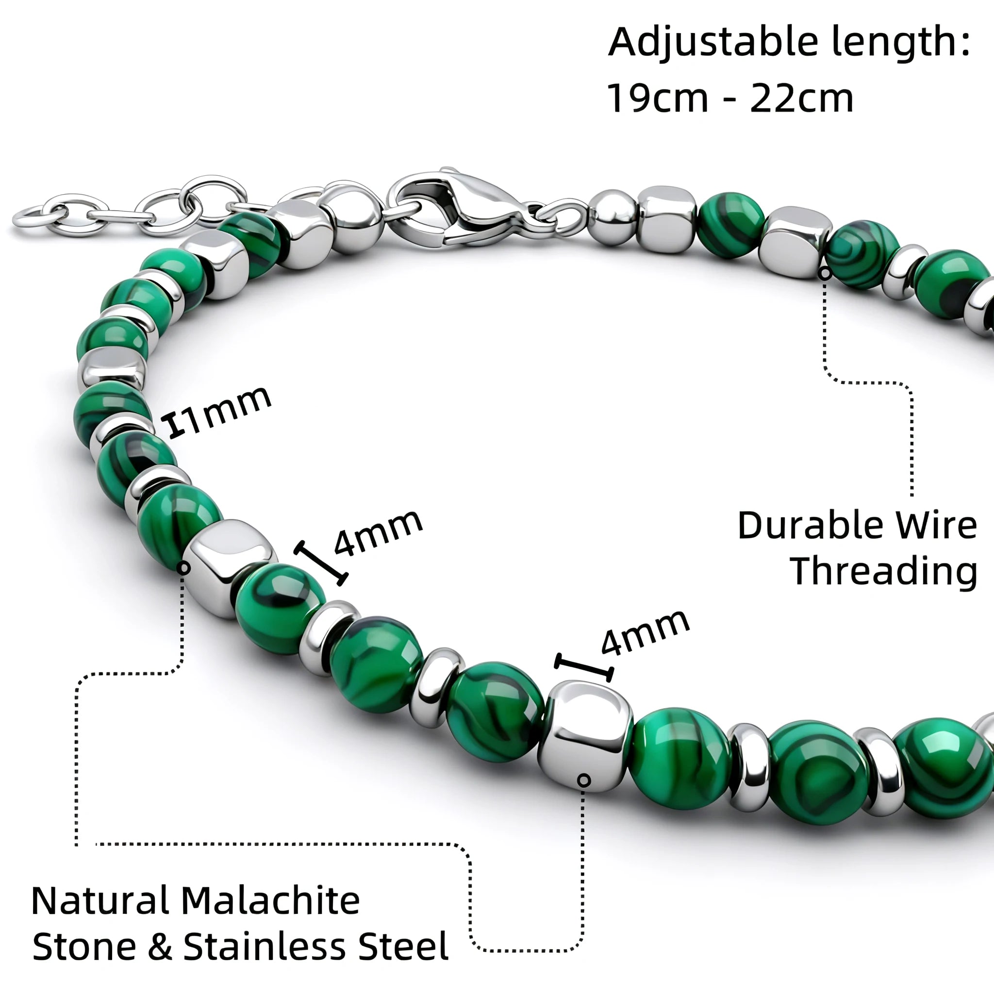 Malachite & Stainless Steel Bead Bracelet – Modern Minimal Style – | Metta Jewelry