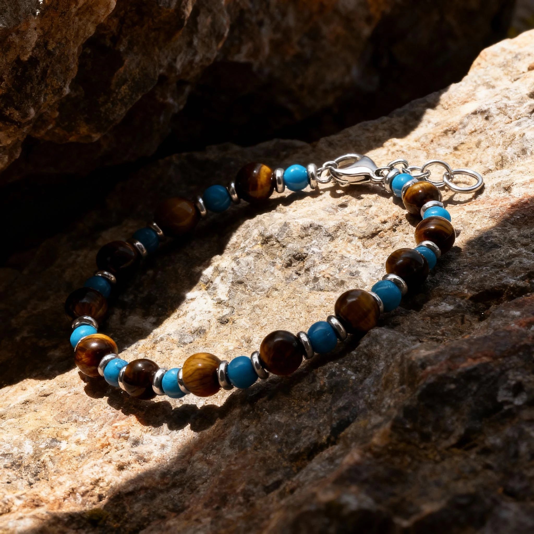 Turquoise & Tiger’s Eye Steel Spacer Bead Bracelet – | Metta Jewelry