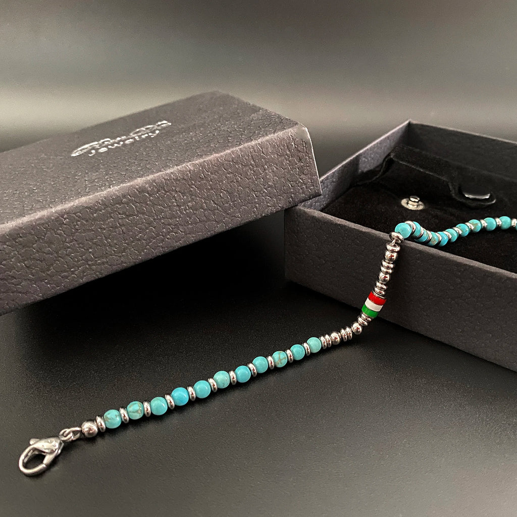 Turquoise & Stainless Steel Bead Bracelet with Flag / Pearl / Loop Accents – Modern Style – | Metta Jewelry