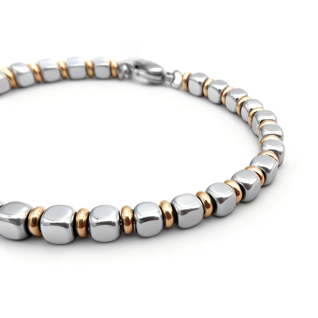 Stainless Steel & Rose Gold Ring Bead Bracelet – Modern Minimal Style – | Metta Jewelry