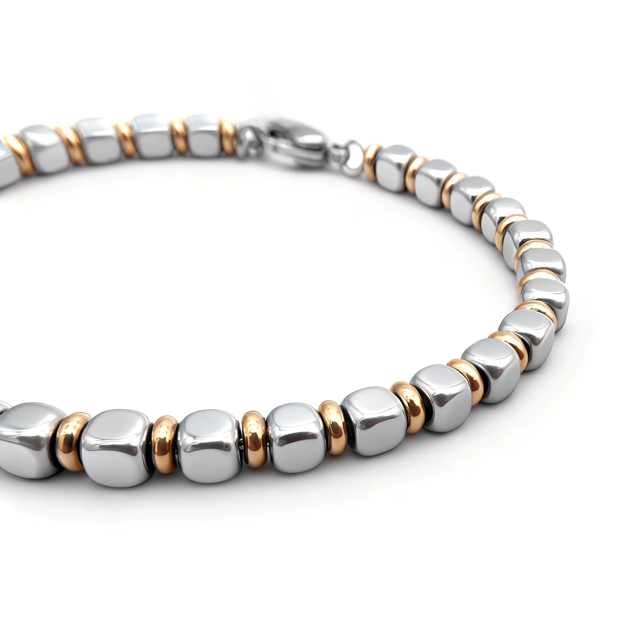 Stainless Steel & Rose Gold Ring Bead Bracelet – Modern Minimal Style – | Metta Jewelry