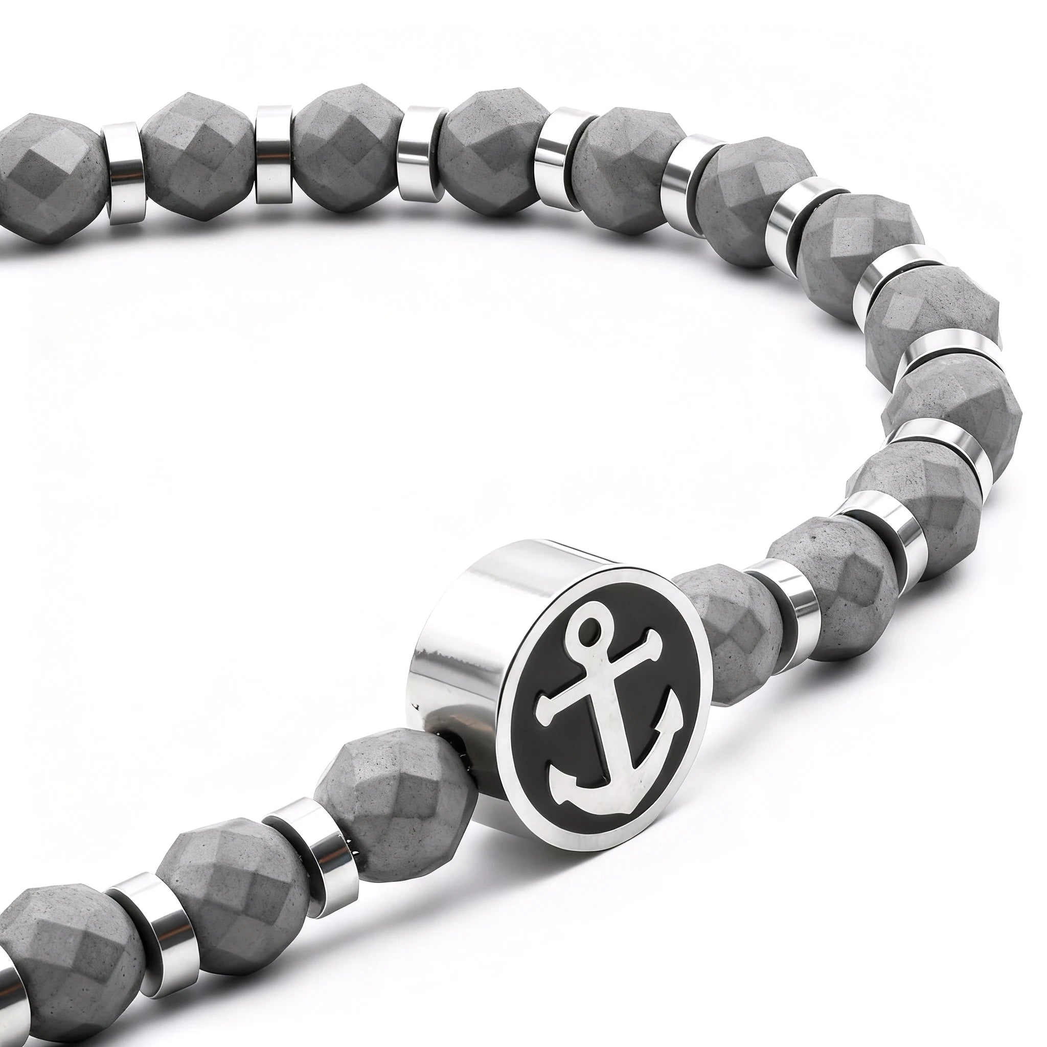 Hematite & Stainless Steel Anchor Disc Bead Bracelet – Modern Minimal Style – | Metta Jewelry