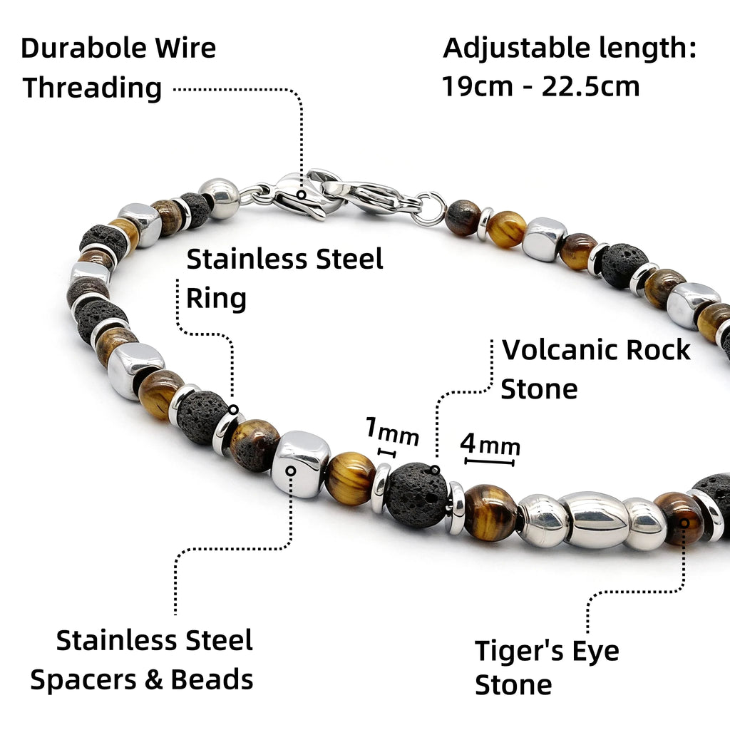 Tiger’s Eye & Volcanic Rock Steel Spacer Bead Bracelet – Modern Minimal Style – | Metta Jewelry