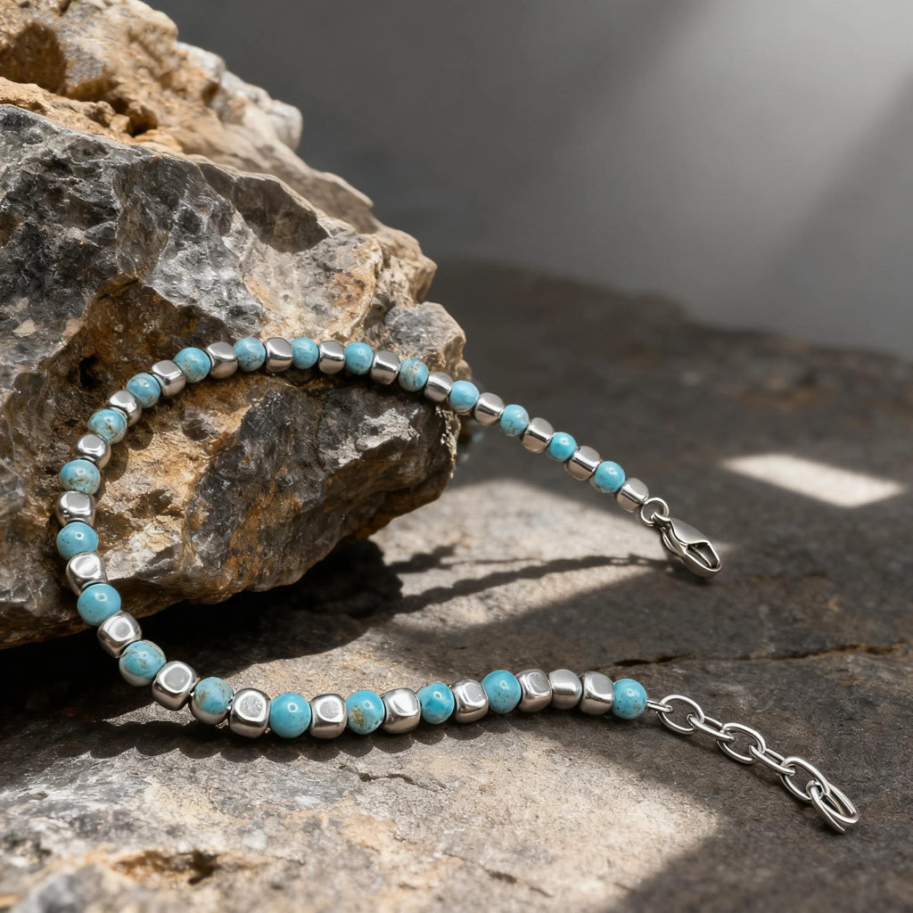 Turquoise & Cube Stainless Steel Bead Bracelet – Modern Minimal Style – | Metta Jewelry