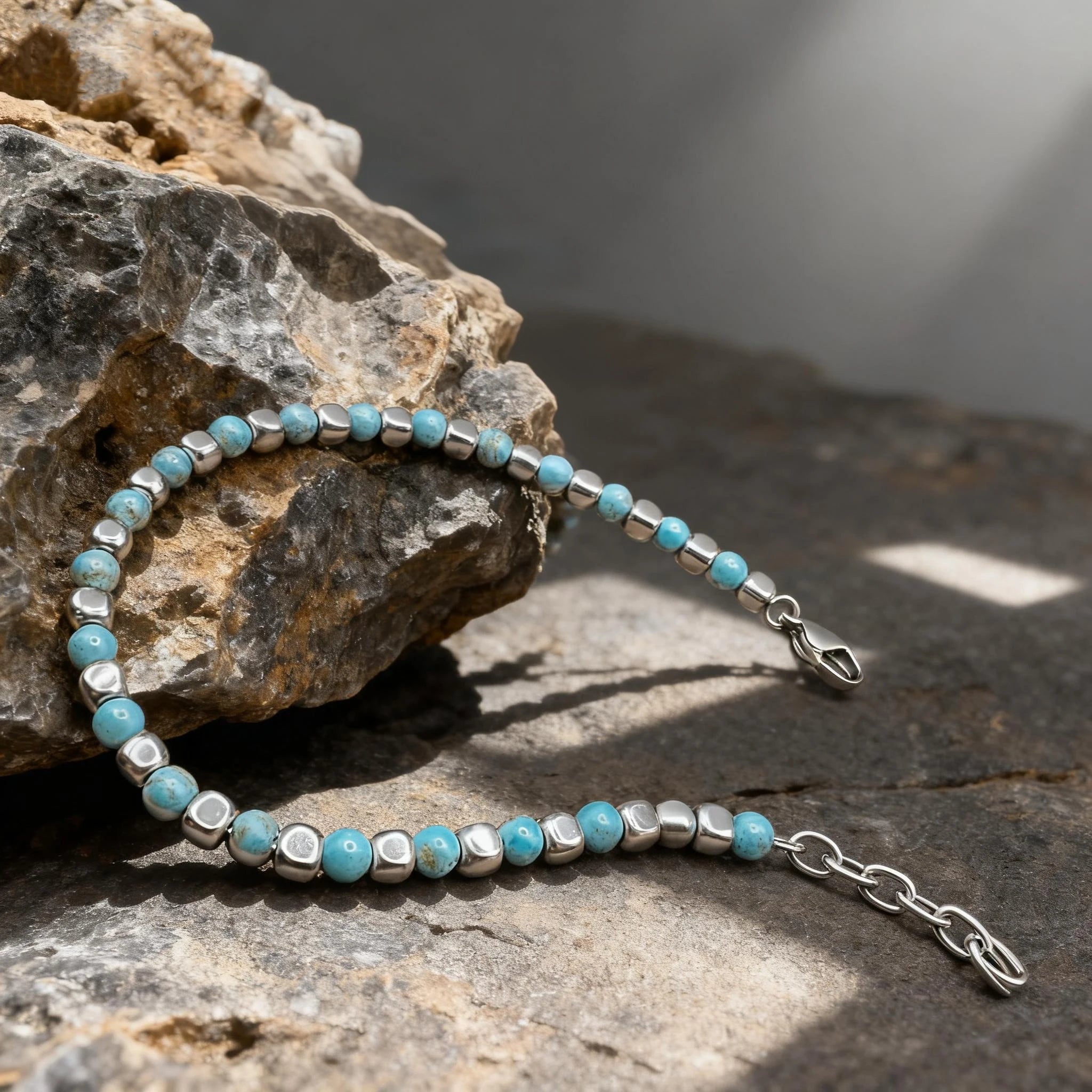 Turquoise & Cube Stainless Steel Bead Bracelet – Modern Minimal Style – | Metta Jewelry