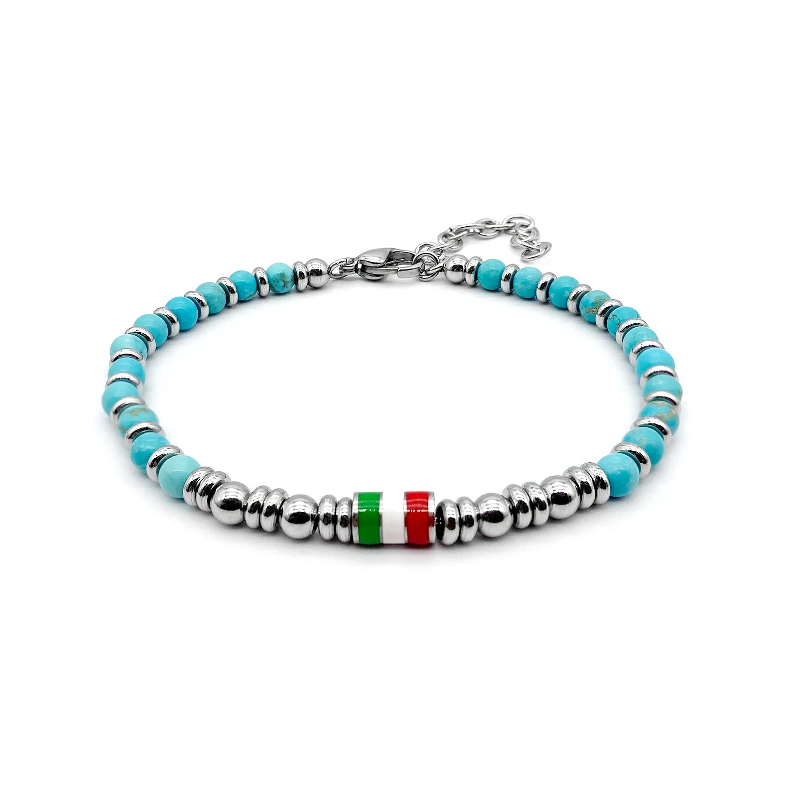 Turquoise & Stainless Steel Bead Bracelet with Flag / Pearl / Loop Accents – Modern Style – | Metta Jewelry