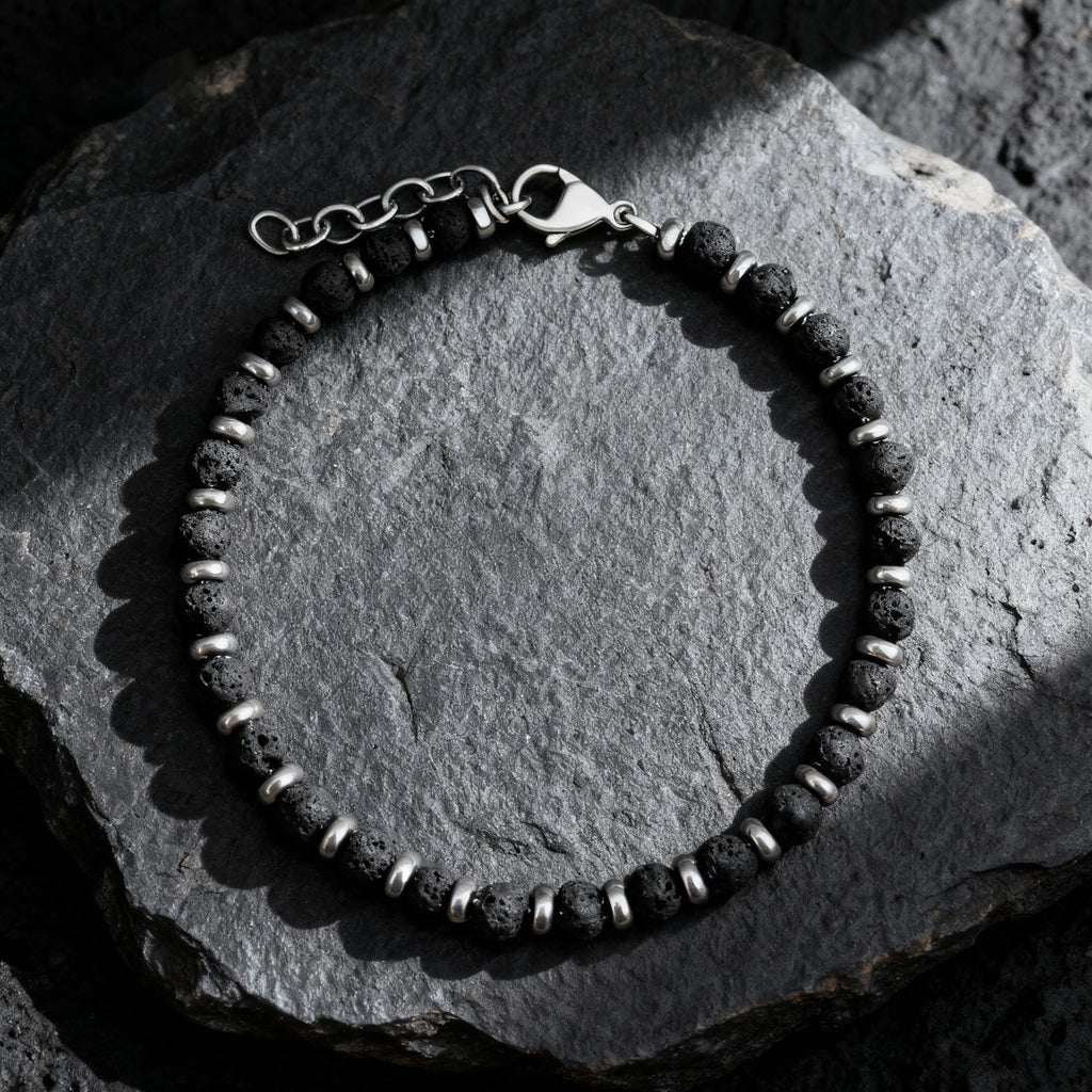 Lava Stone & Steel Spacer Bead Bracelet – Modern Minimal Style – | Metta Jewelry