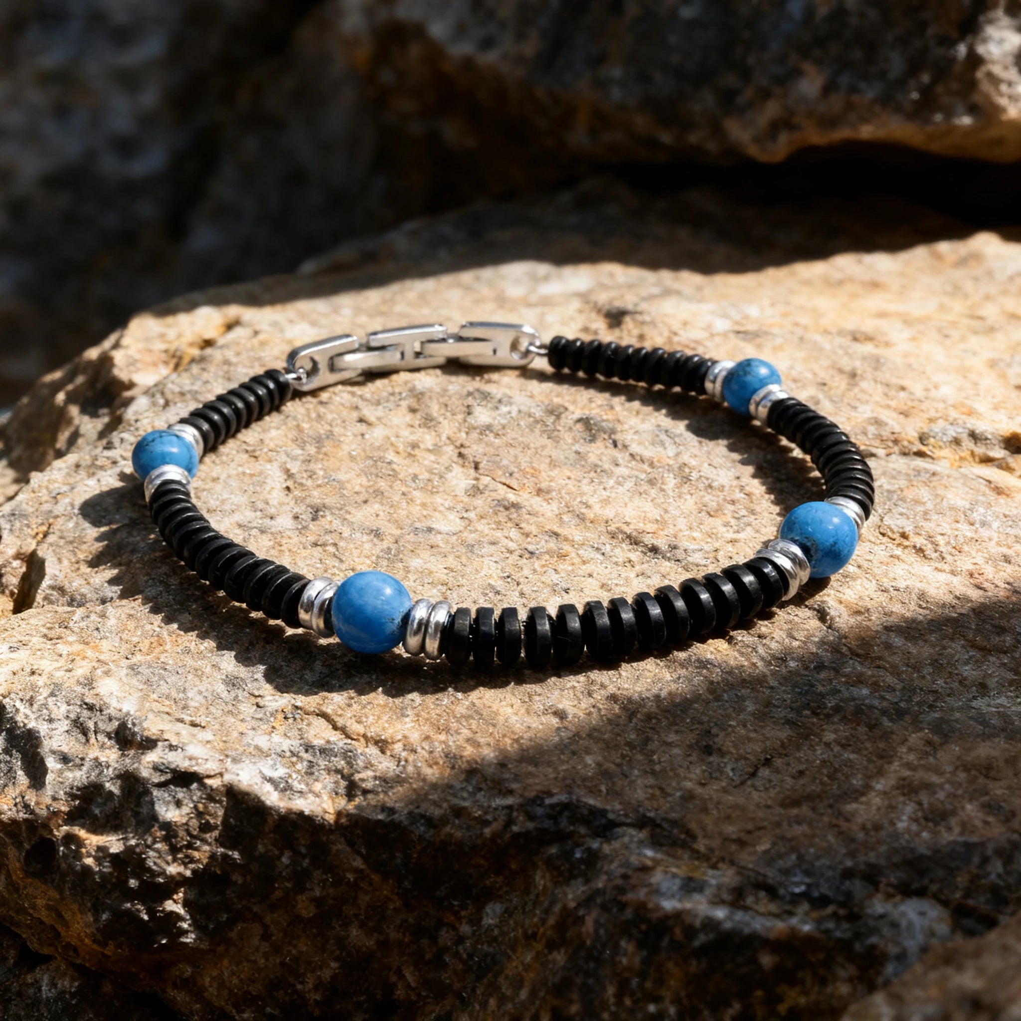 Black Stainless Steel & Turquoise Bead Bracelet – Modern Minimal Style – | Metta Jewelry