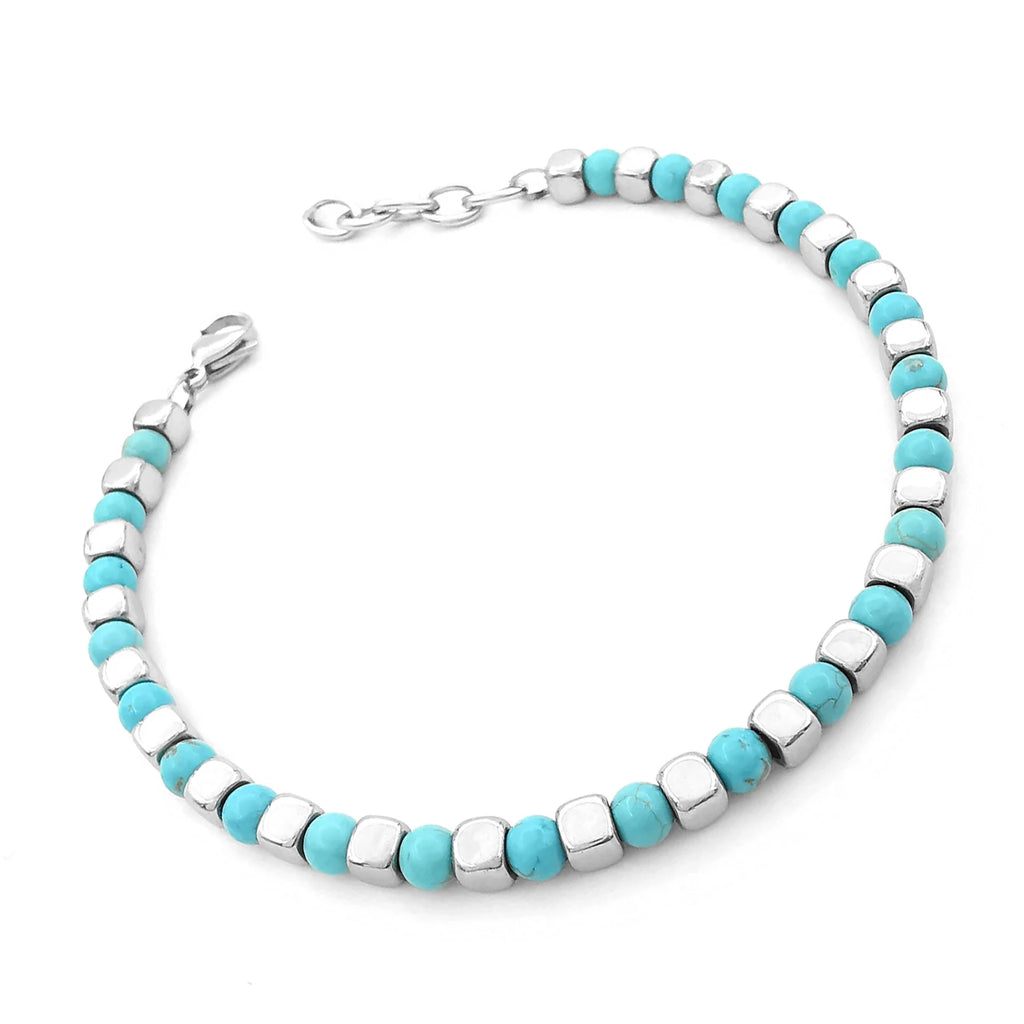 Turquoise & Cube Stainless Steel Bead Bracelet – Modern Minimal Style – | Metta Jewelry