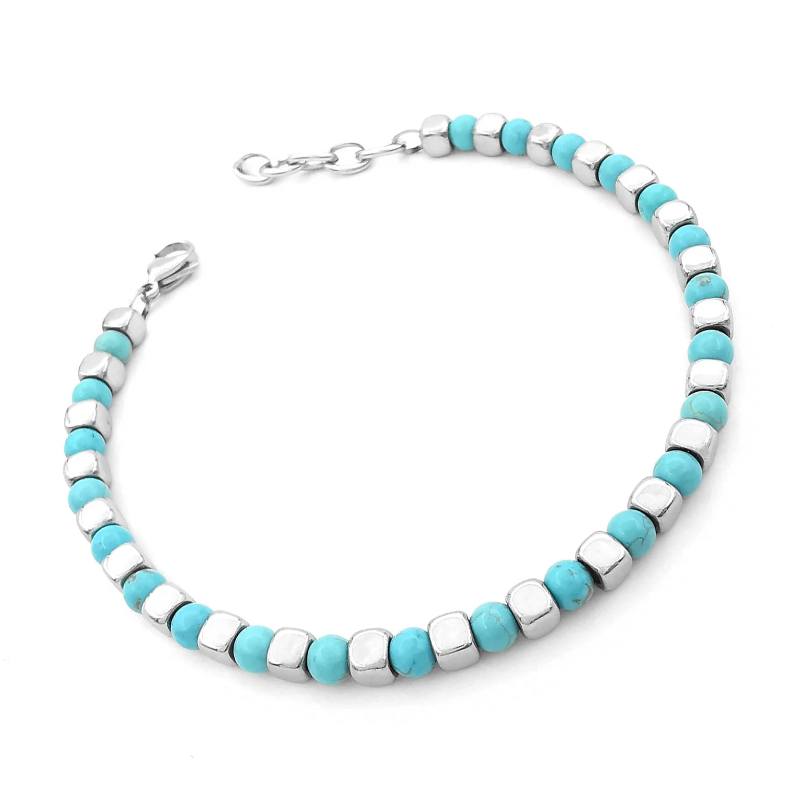 Turquoise & Cube Stainless Steel Bead Bracelet – Modern Minimal Style – | Metta Jewelry
