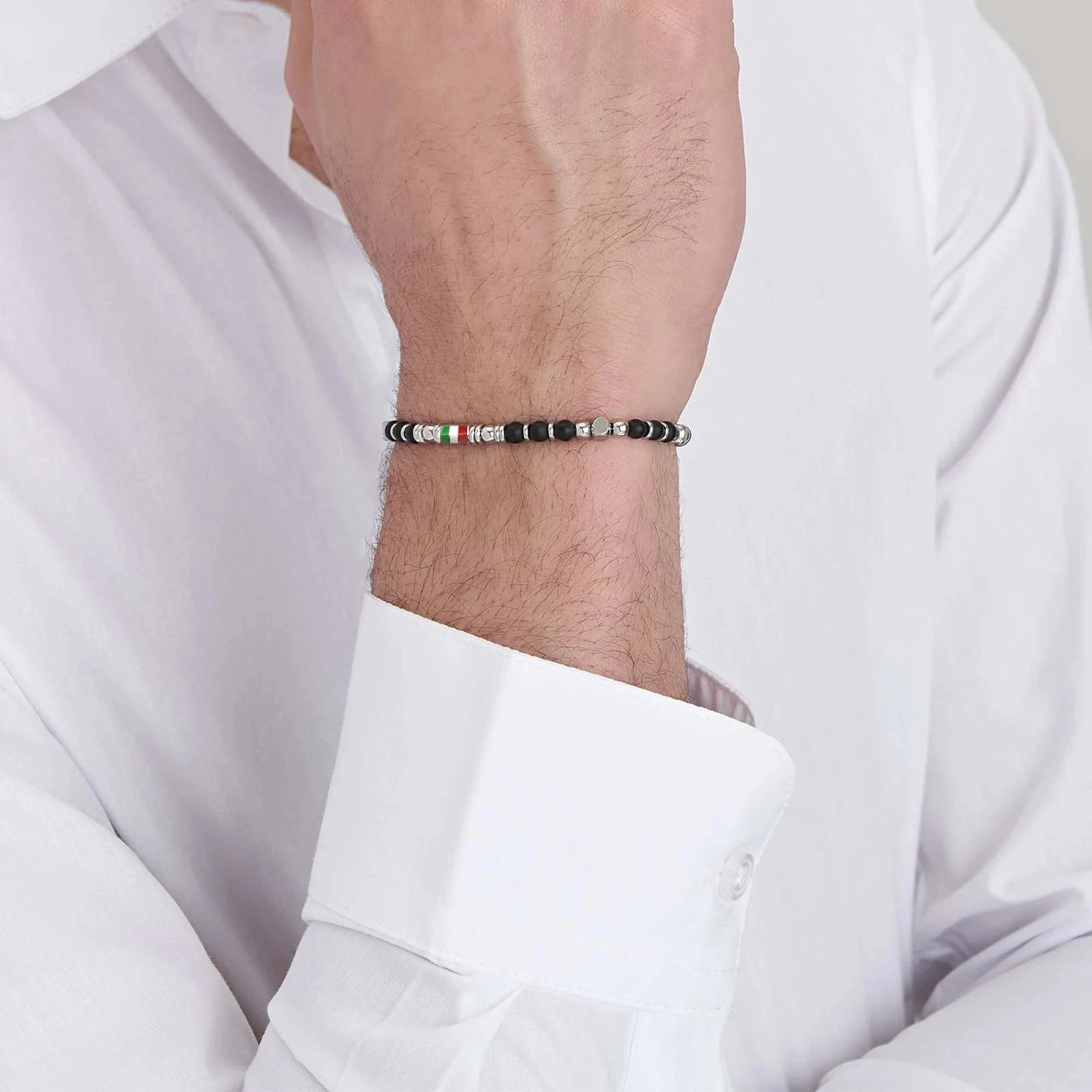 Obsidian & Steel Spacer Bead Bracelet with Flag Accent – | Metta Jewelry