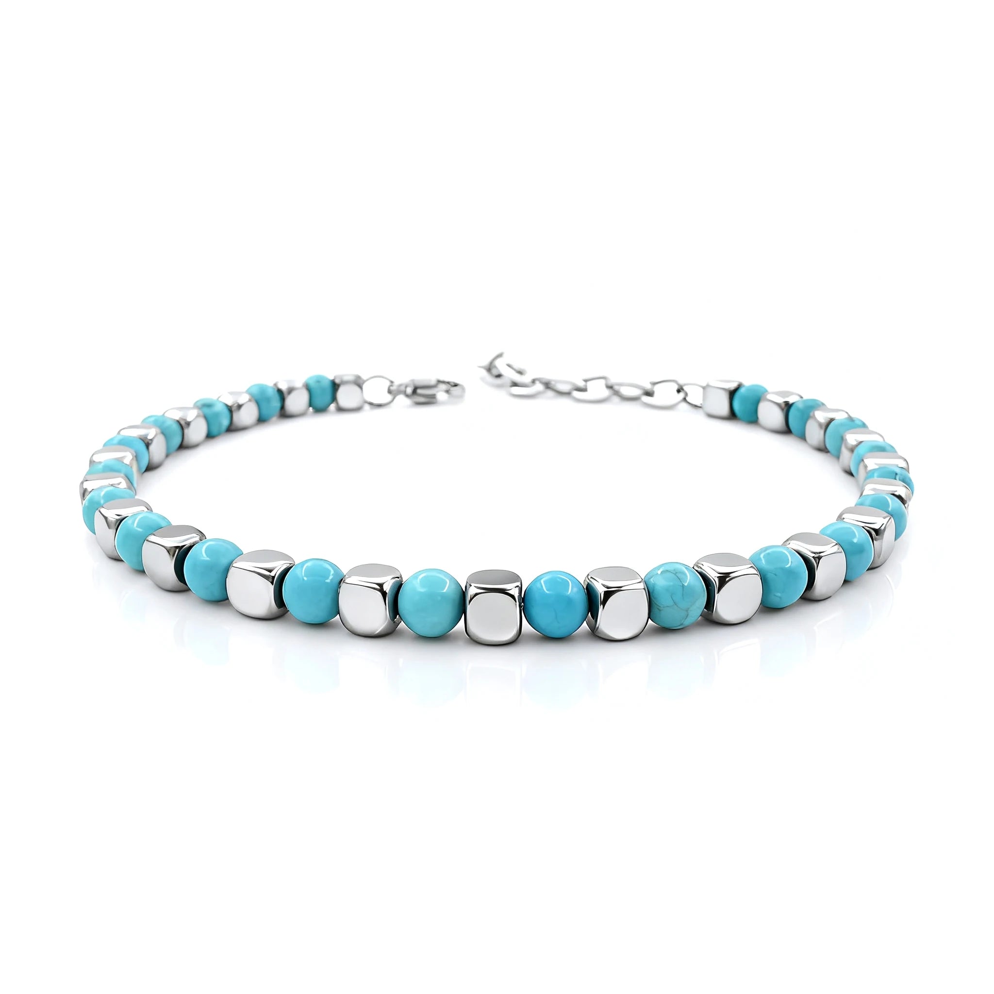 Turquoise & Cube Stainless Steel Bead Bracelet – Modern Minimal Style – | Metta Jewelry