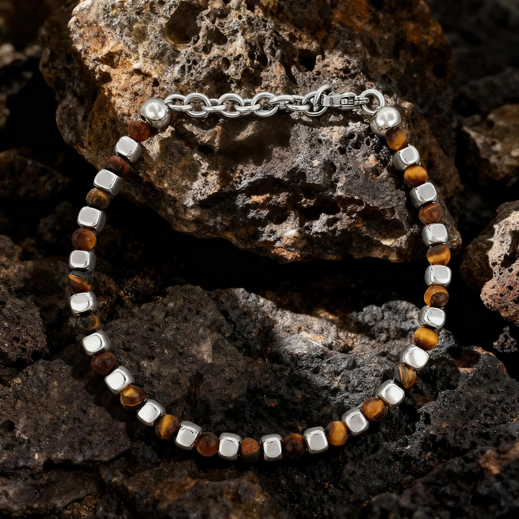 Tiger’s Eye & Stainless Steel Cube Bead Bracelet – Modern Minimal Style – | Metta Jewelry