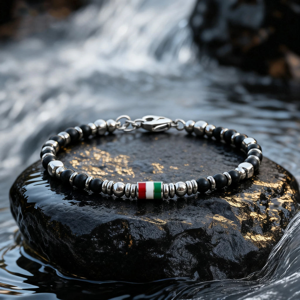 Black Obsidian & Flag Enamel Stainless Steel Bead Bracelet – Modern Minimal Style – | Metta Jewelry