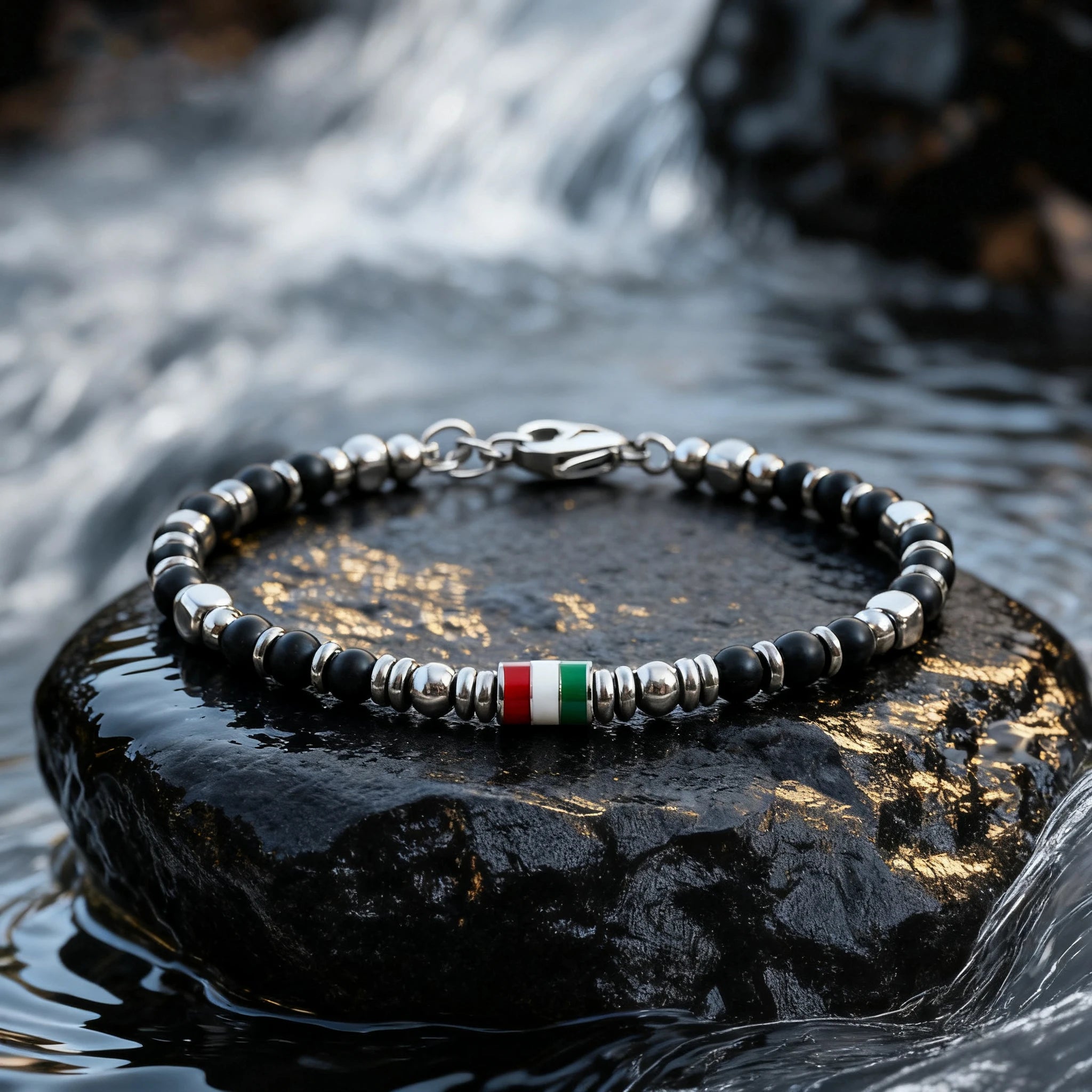 Black Obsidian & Flag Enamel Stainless Steel Bead Bracelet – Modern Minimal Style – | Metta Jewelry