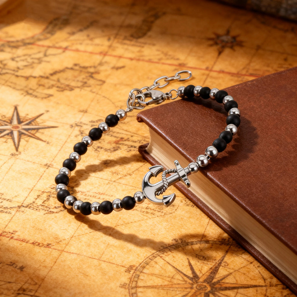 Obsidian & Stainless Steel Anchor Bead Bracelet – Modern Minimal Style – | Metta Jewelry