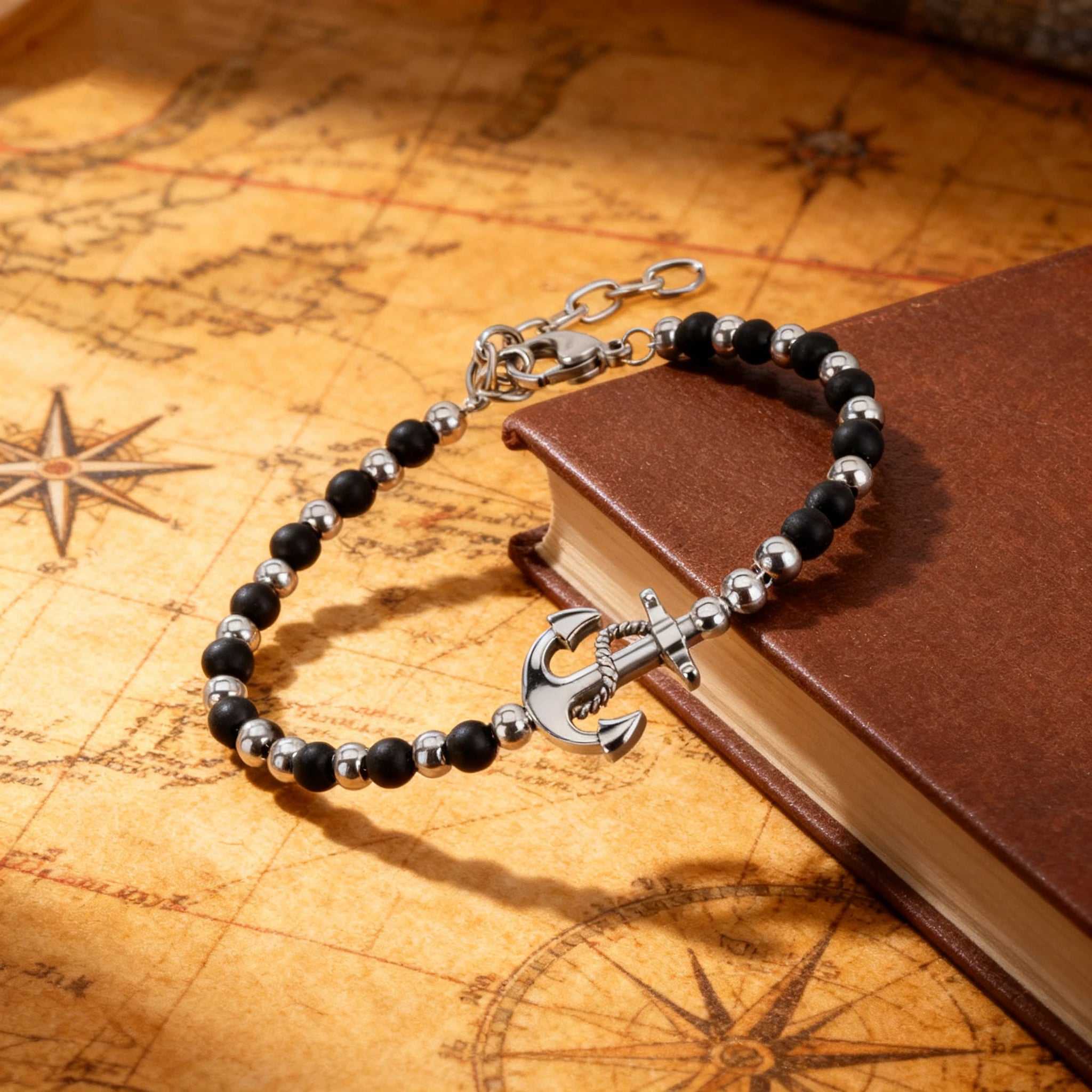 Obsidian & Stainless Steel Anchor Bead Bracelet – Modern Minimal Style – | Metta Jewelry