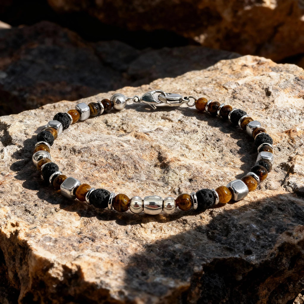Tiger’s Eye & Volcanic Rock Steel Spacer Bead Bracelet – Modern Minimal Style – | Metta Jewelry