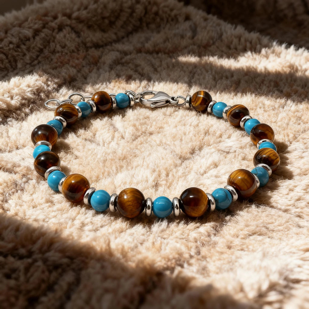 Turquoise & Tiger’s Eye Steel Spacer Bead Bracelet – | Metta Jewelry