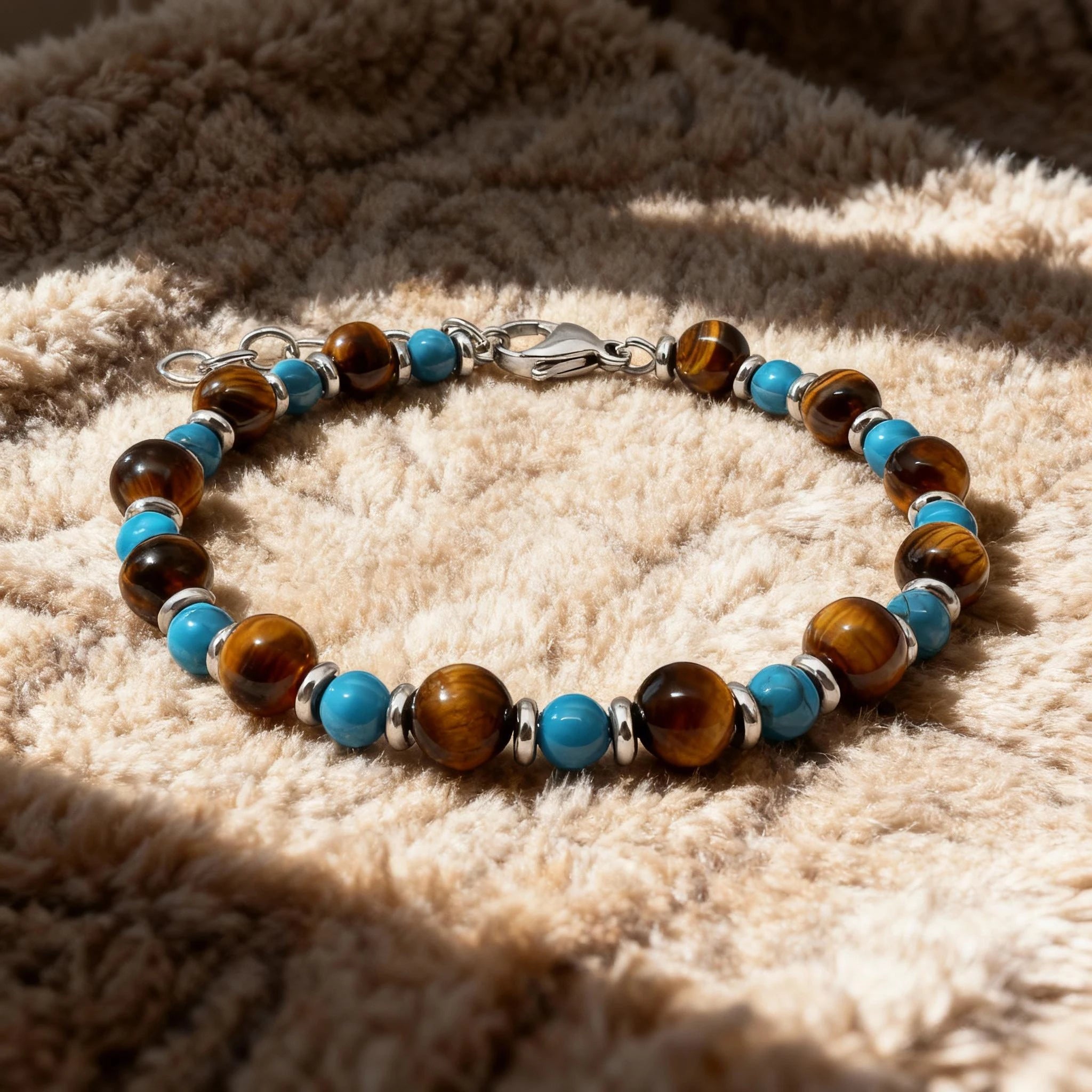 Turquoise & Tiger’s Eye Steel Spacer Bead Bracelet – | Metta Jewelry