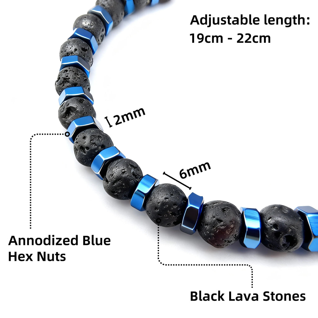 Black Lava Stone & Blue Hex Steel Bead Bracelet – Modern Geometric Style – | Metta Jewelry