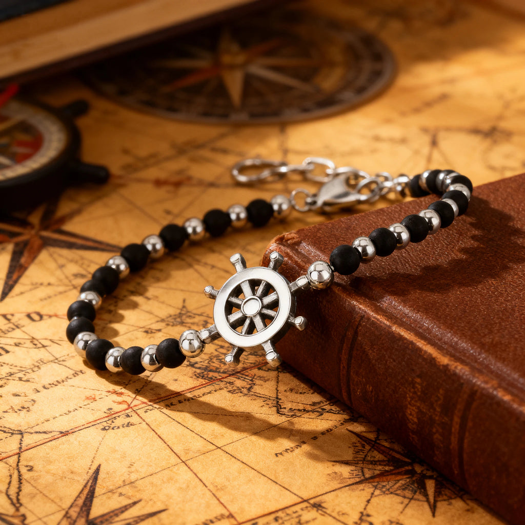 Obsidian & Stainless Steel Rudder Bead Bracelet – Modern Minimal Style – | Metta Jewelry