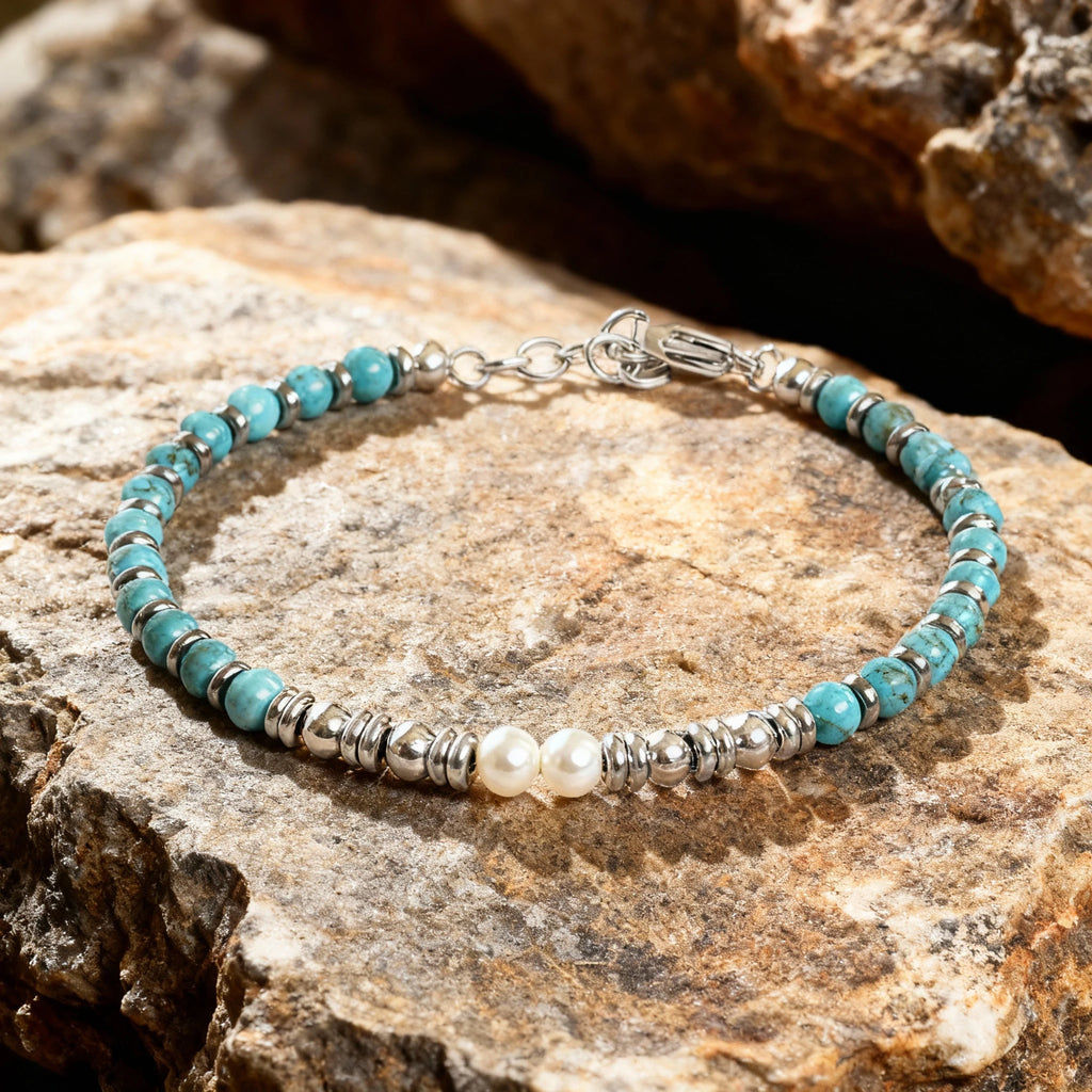 Turquoise & White Pearl Steel Ring Bead Bracelet – Modern Minimal Style – | Metta Jewelry