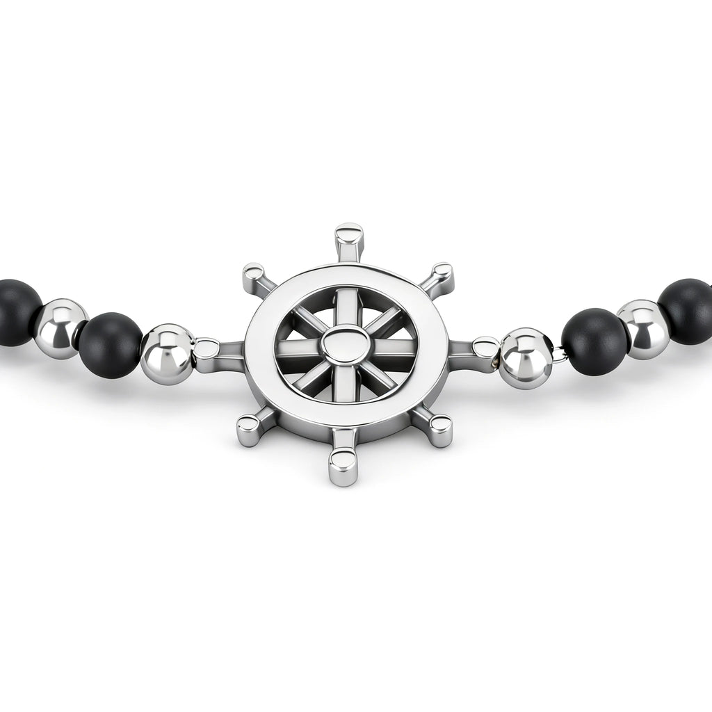 Obsidian & Stainless Steel Rudder Bead Bracelet – Modern Minimal Style – | Metta Jewelry