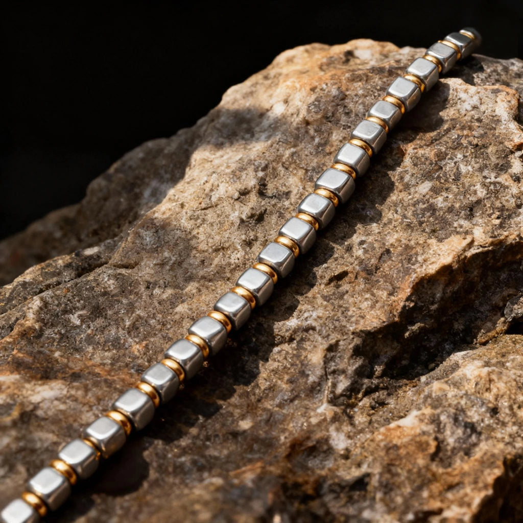 Stainless Steel & Rose Gold Ring Bead Bracelet – Modern Minimal Style – | Metta Jewelry