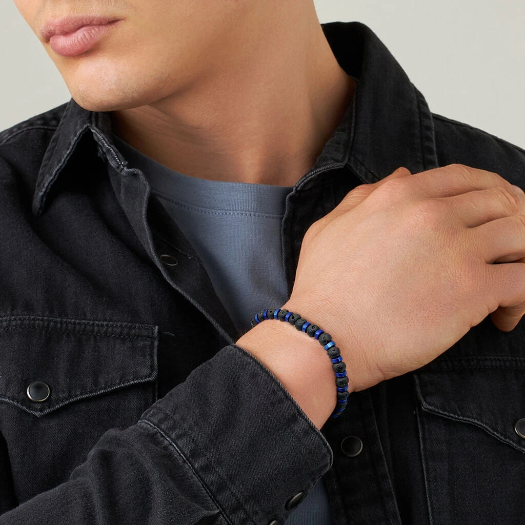 Black Lava Stone & Blue Hex Steel Bead Bracelet – Modern Geometric Style – | Metta Jewelry