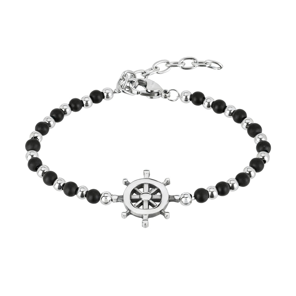 Obsidian & Stainless Steel Rudder Bead Bracelet – Modern Minimal Style – | Metta Jewelry