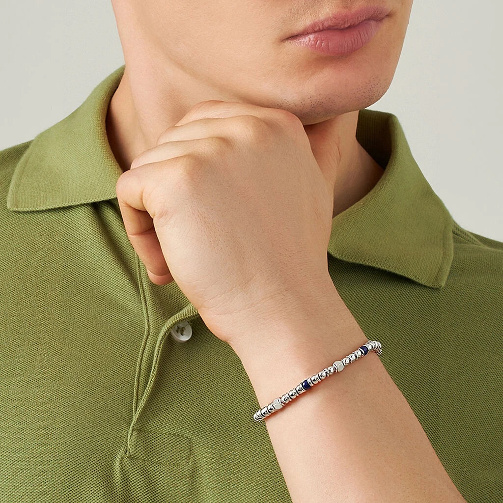 Blue Stone & Stainless Steel Bead Bracelet – Modern Minimal Style – | Metta Jewelry