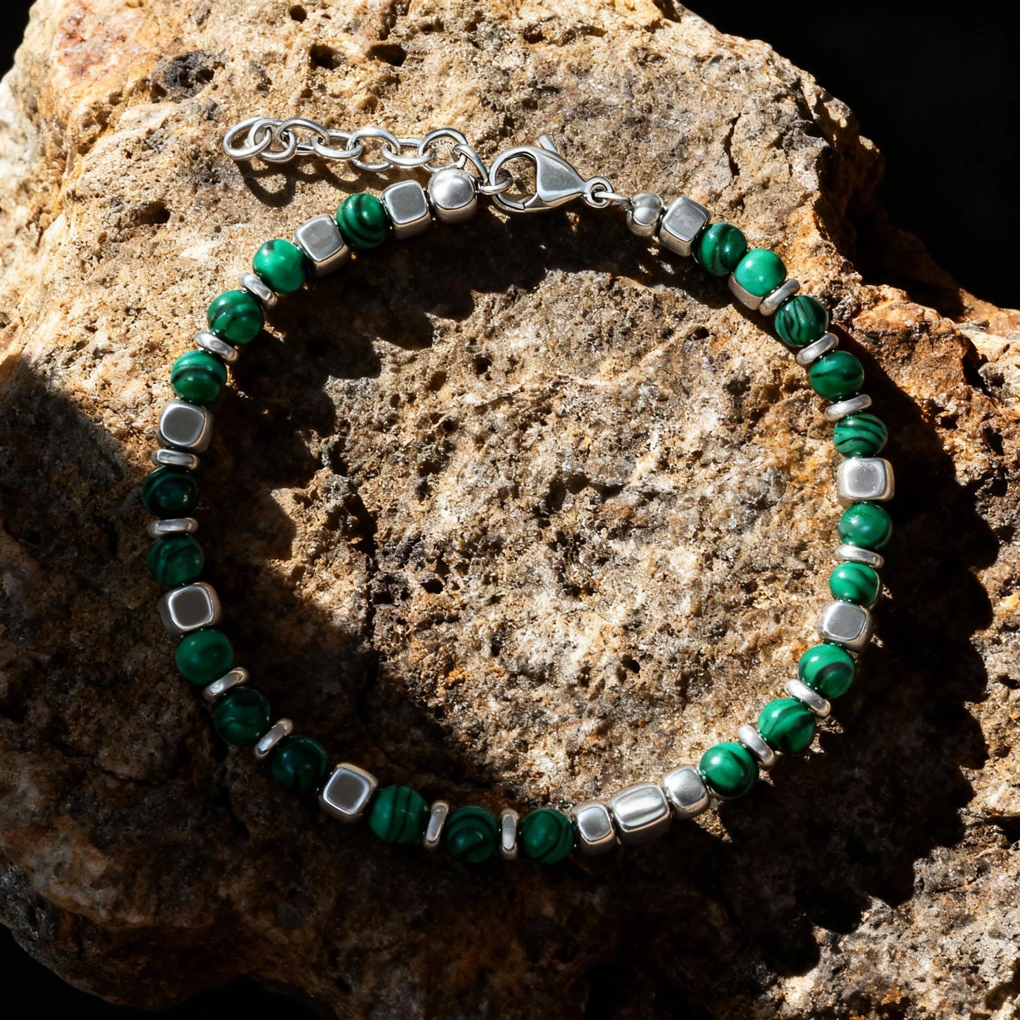 Malachite & Stainless Steel Bead Bracelet – Modern Minimal Style – | Metta Jewelry