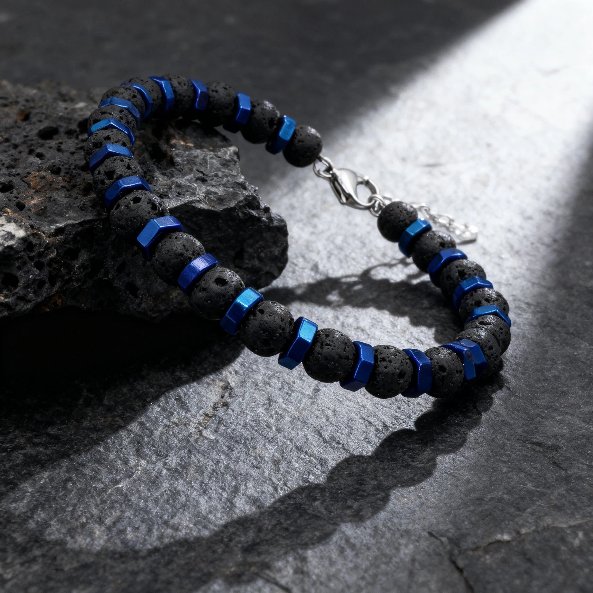 Black Lava Stone & Blue Hex Steel Bead Bracelet – Modern Geometric Style – | Metta Jewelry