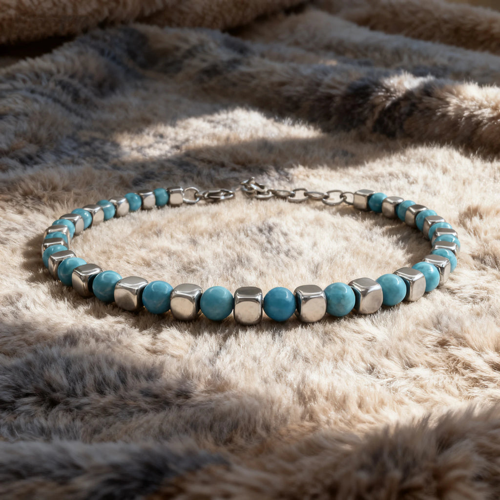Turquoise & Cube Stainless Steel Bead Bracelet – Modern Minimal Style – | Metta Jewelry