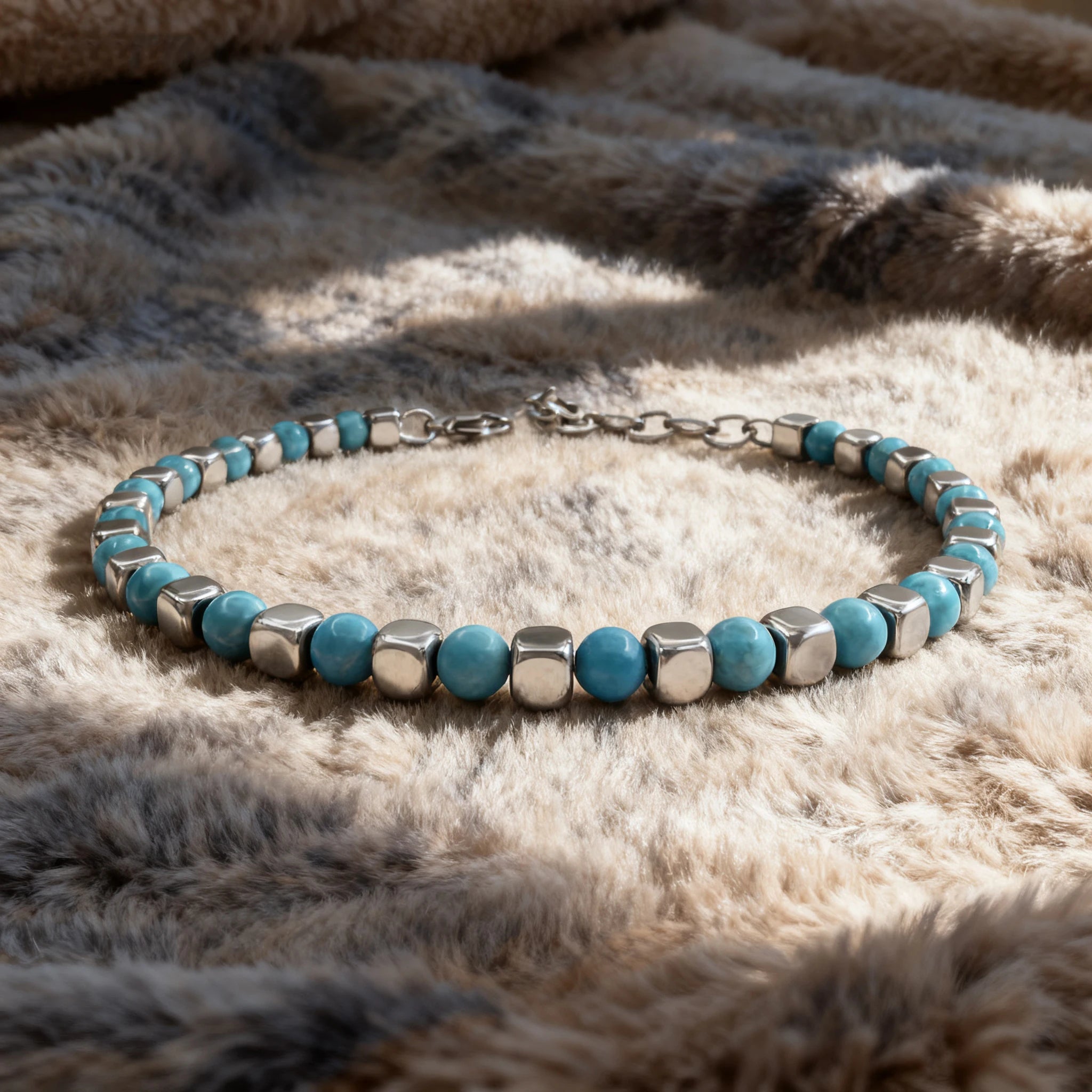 Turquoise & Cube Stainless Steel Bead Bracelet – Modern Minimal Style – | Metta Jewelry