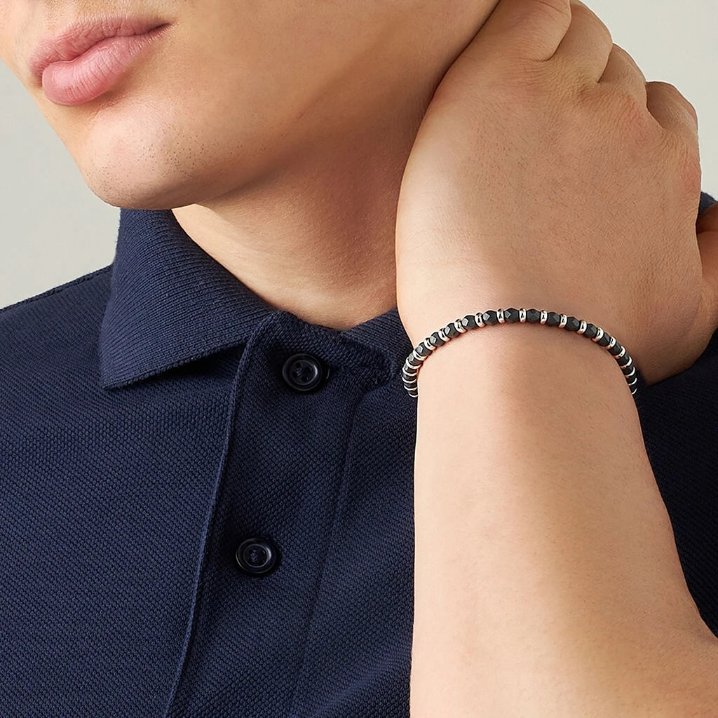 Faceted Bead & Ring Steel Stone Bracelet – Hematite – | Metta Jewelry