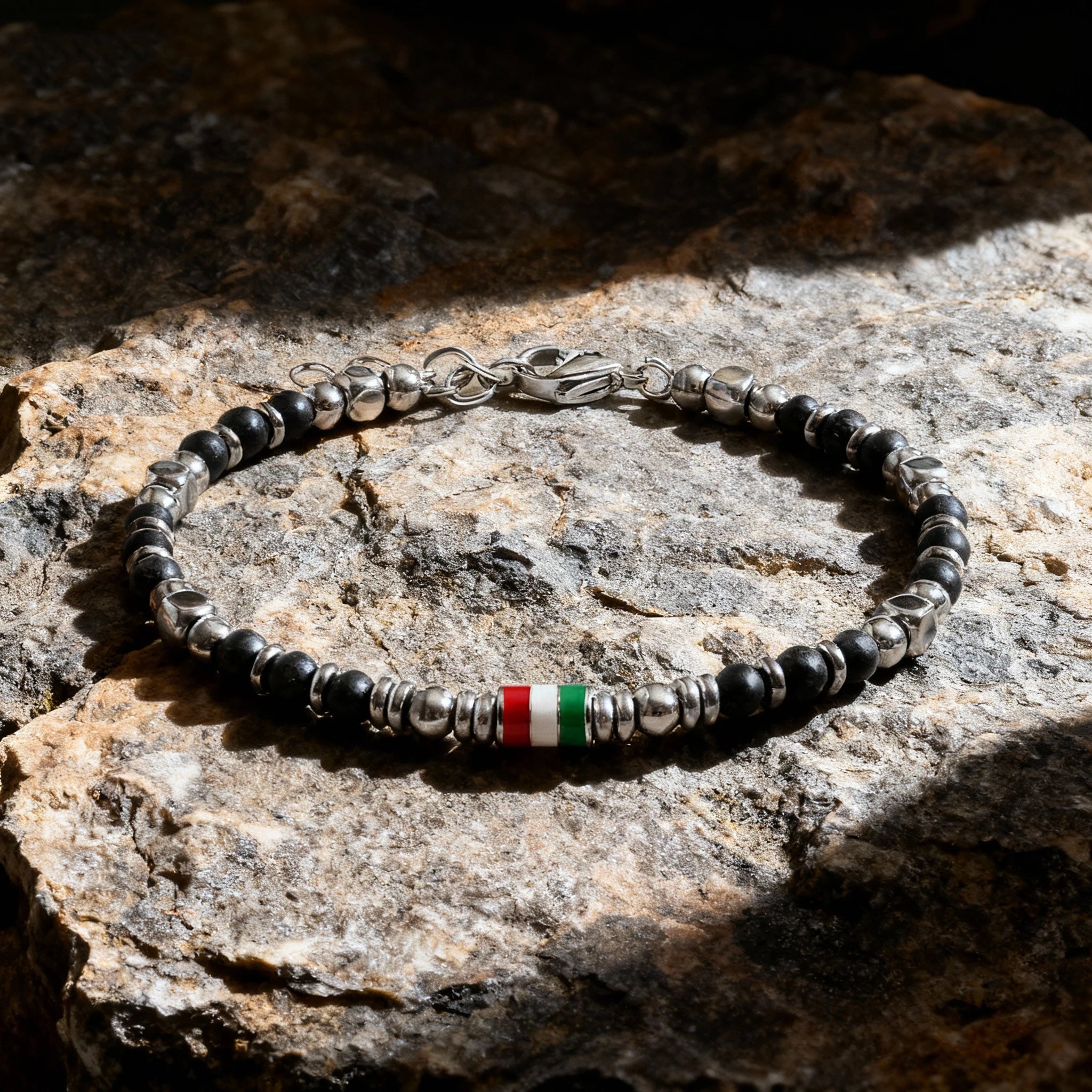 Black Obsidian & Flag Enamel Stainless Steel Bead Bracelet – Modern Minimal Style – | Metta Jewelry