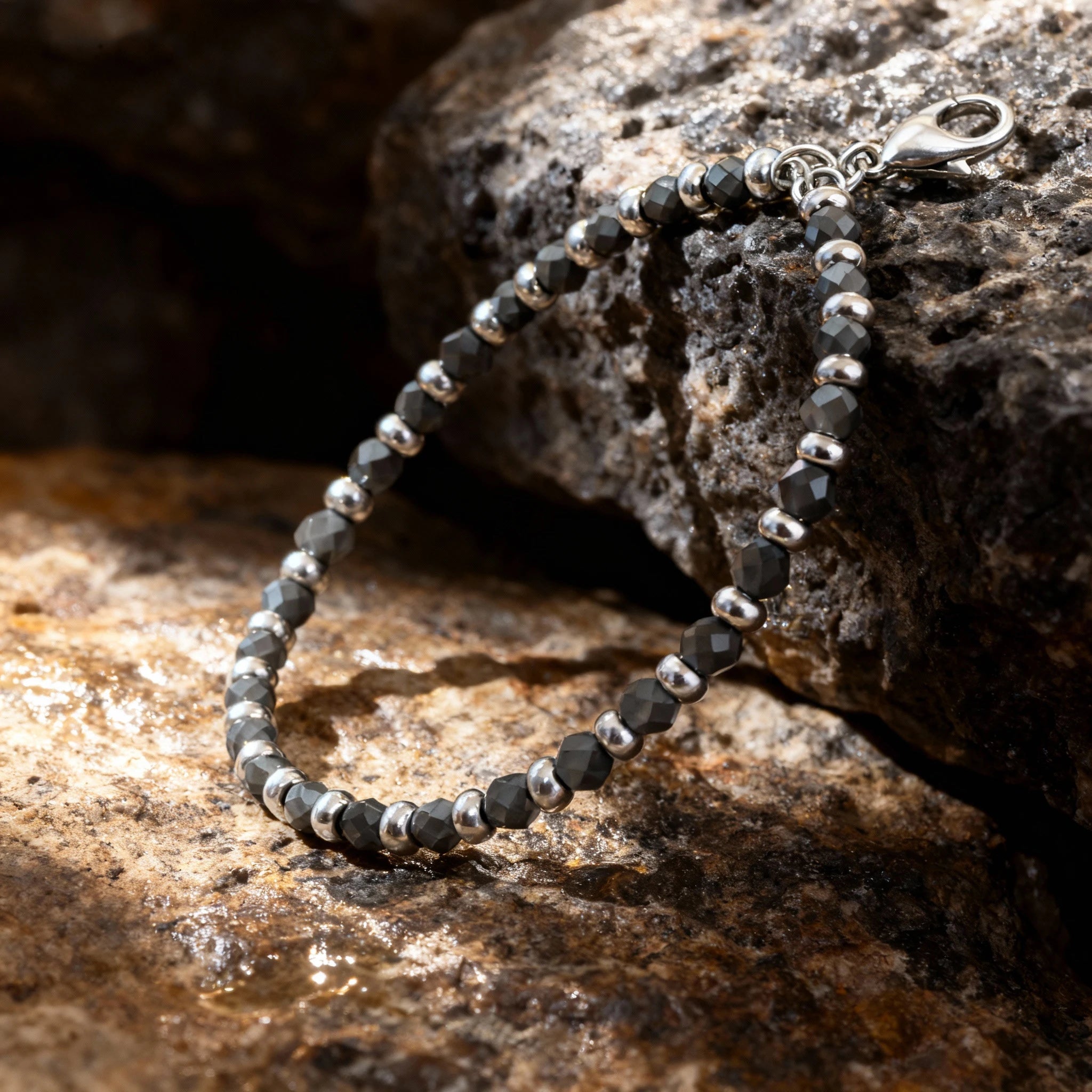 Faceted Bead & Ring Steel Stone Bracelet – Hematite – | Metta Jewelry