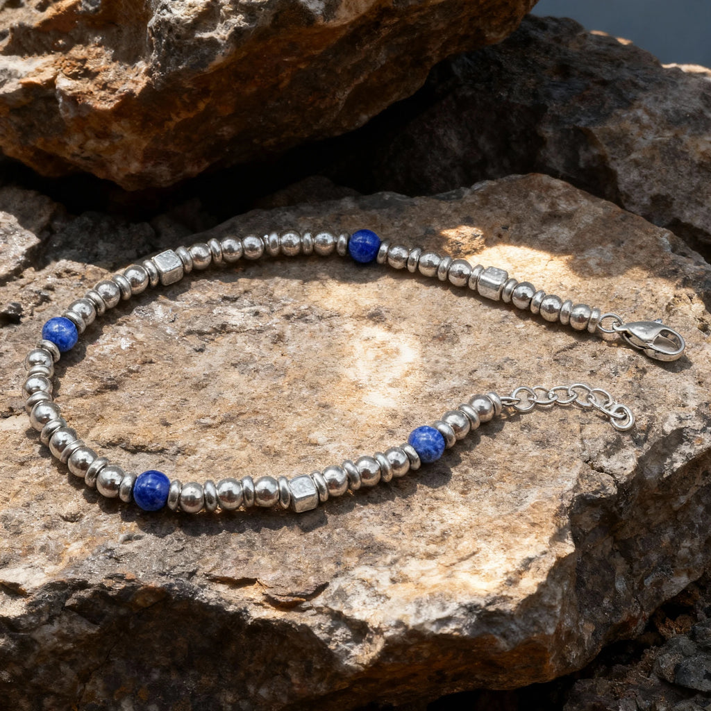 Blue Stone & Stainless Steel Bead Bracelet – Modern Minimal Style – | Metta Jewelry