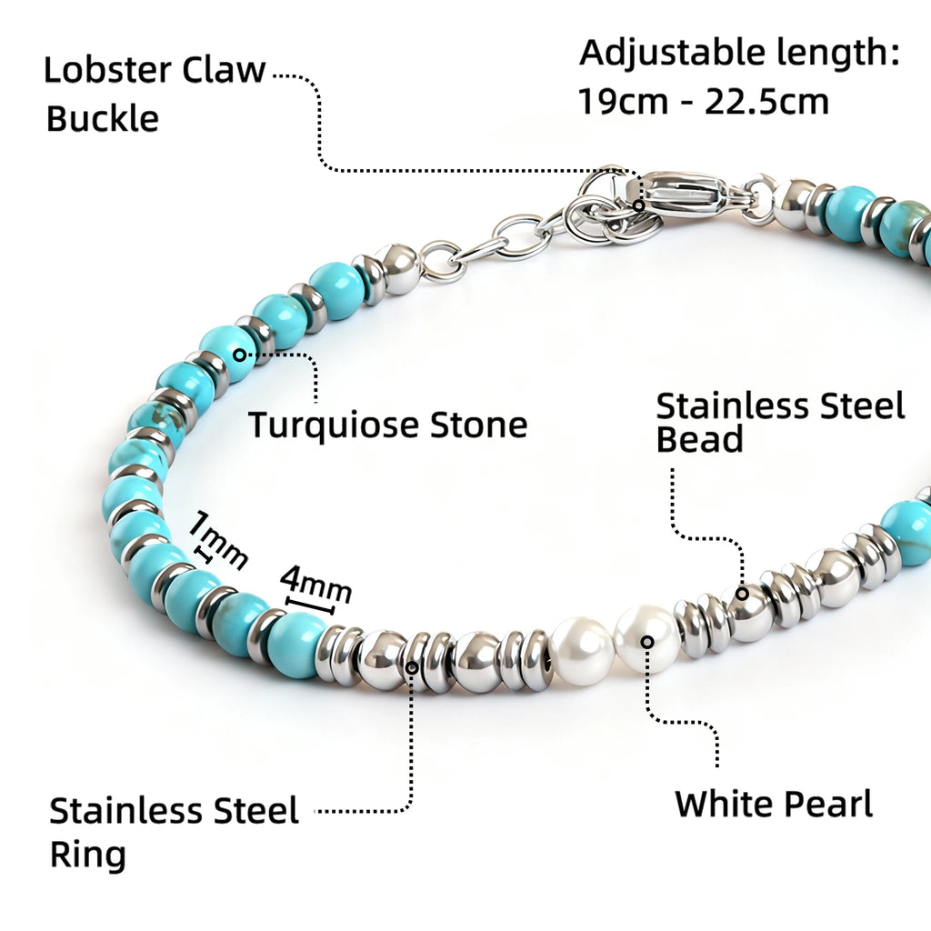 Turquoise & White Pearl Steel Ring Bead Bracelet – Modern Minimal Style – | Metta Jewelry