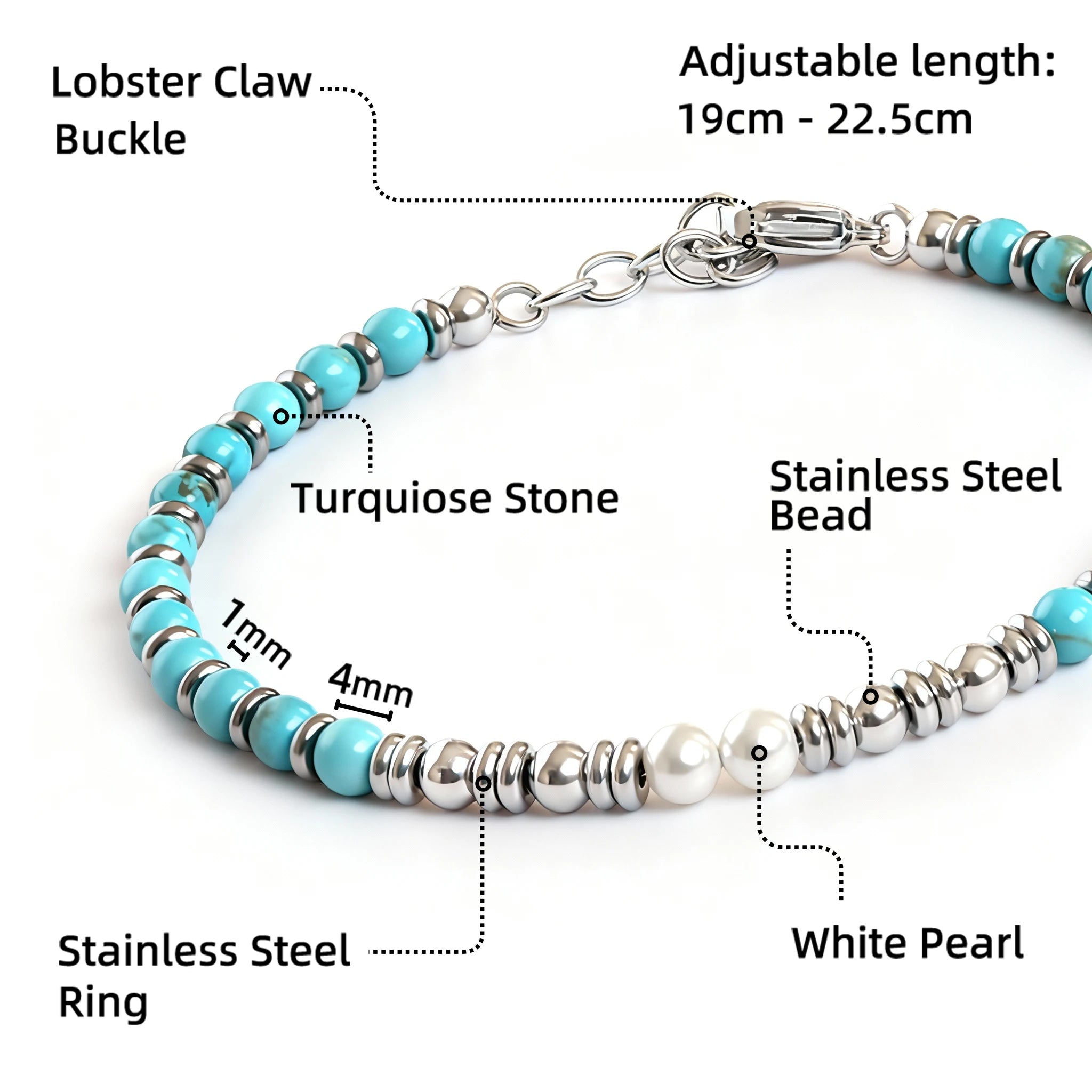 Turquoise & White Pearl Steel Ring Bead Bracelet – Modern Minimal Style – | Metta Jewelry