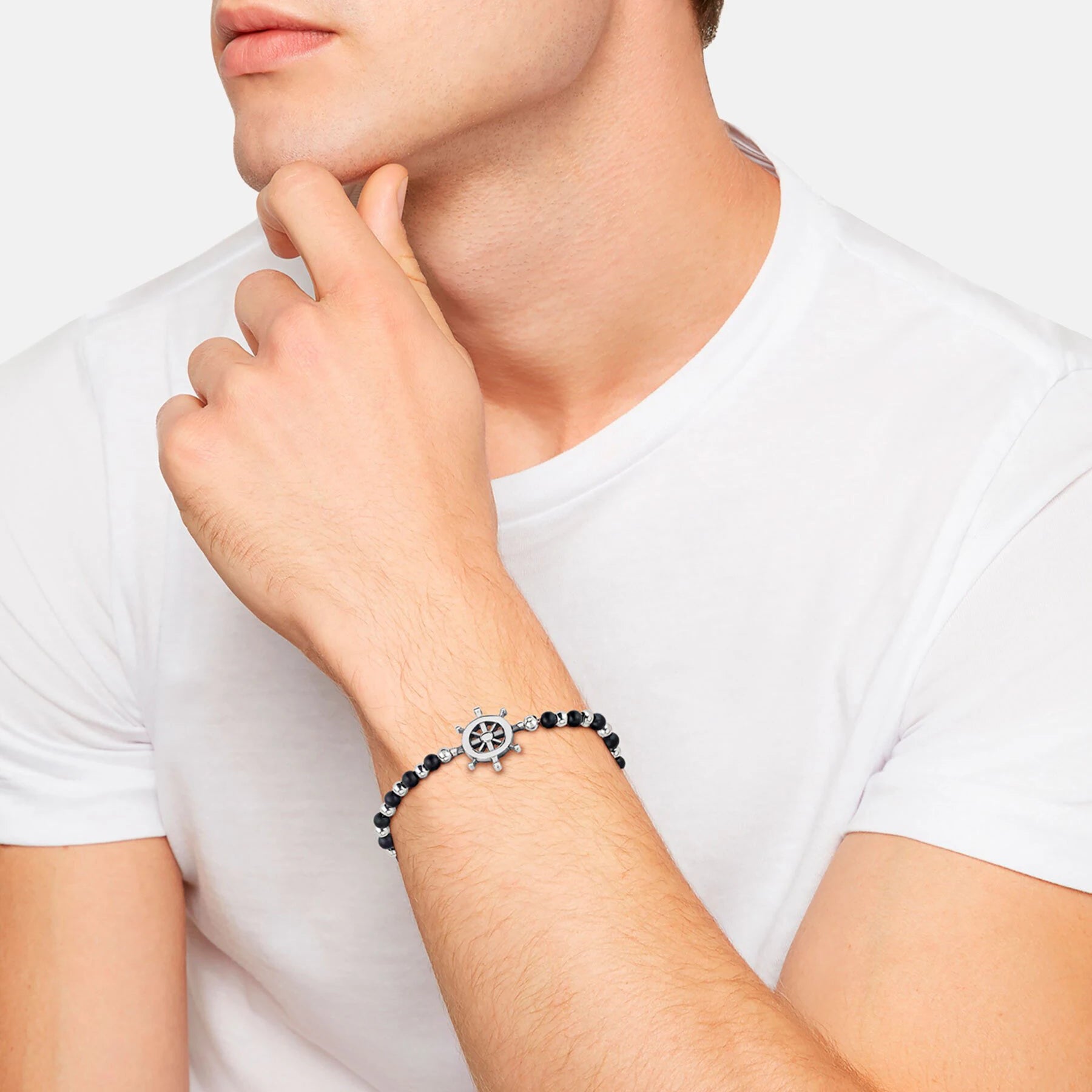 Obsidian & Stainless Steel Rudder Bead Bracelet – Modern Minimal Style – | Metta Jewelry