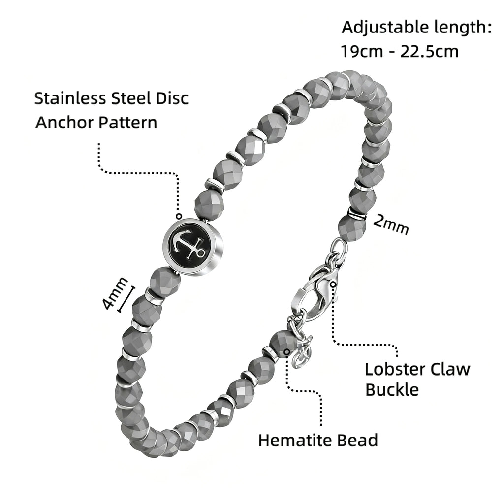 Hematite & Stainless Steel Anchor Disc Bead Bracelet – Modern Minimal Style – | Metta Jewelry
