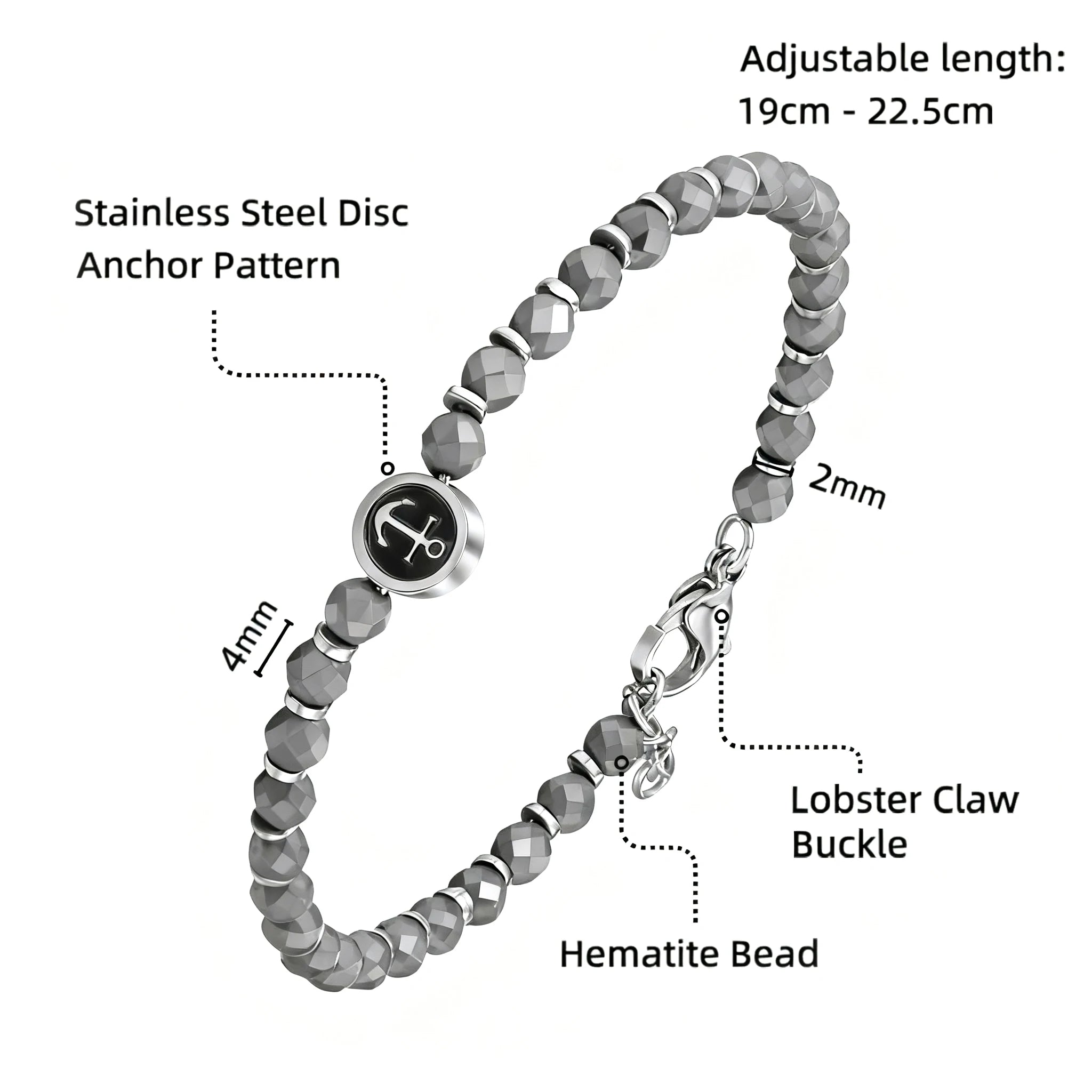 Hematite & Stainless Steel Anchor Disc Bead Bracelet – Modern Minimal Style – | Metta Jewelry