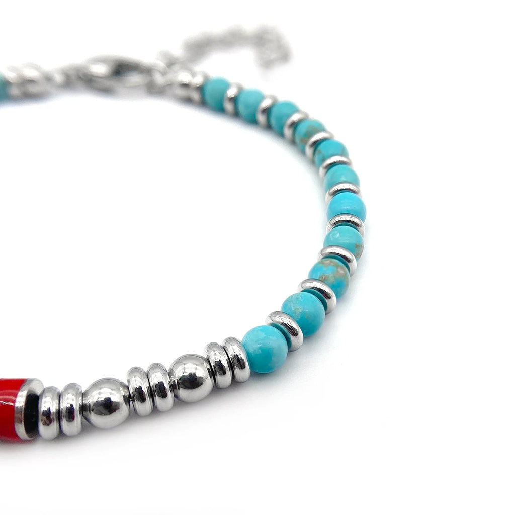 Turquoise & Stainless Steel Bead Bracelet with Flag / Pearl / Loop Accents – Modern Style – | Metta Jewelry